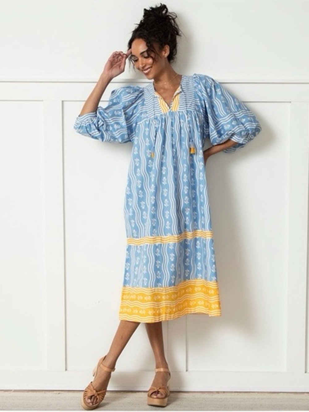 Printfresh x The House that Lars Built Collab Boho Midi NWT Dress Blue Yellow